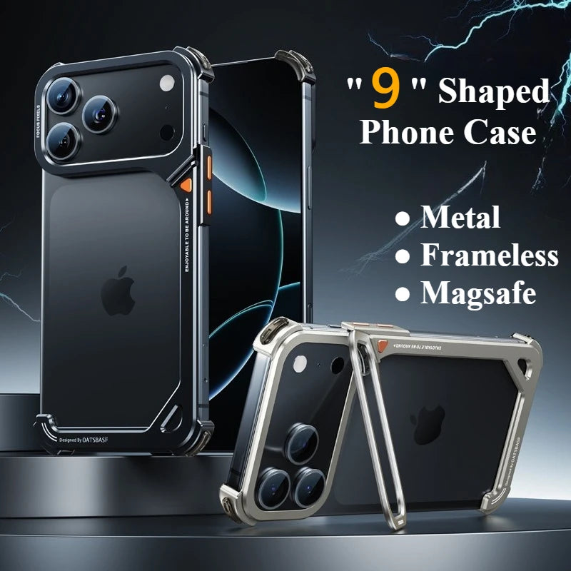9-Shaped Metal Phone Case for iPhone 17 Pro & Pro Max | Minimalist Frameless MagSafe Bumper Case with Stand