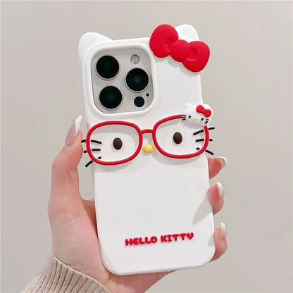 3D Glasses Cat Phone Case for iPhone 17, 16, 15 & 14 Pro Max | Cute Silicone Cartoon Shockproof Protective Cover