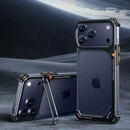 9-Shaped Metal Phone Case for iPhone 17 Pro & Pro Max | Minimalist Frameless MagSafe Bumper Case with Stand
