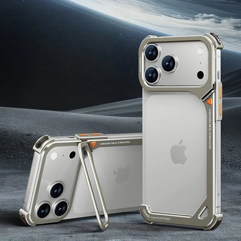 9-Shaped Metal Phone Case for iPhone 17 Pro & Pro Max | Minimalist Frameless MagSafe Bumper Case with Stand
