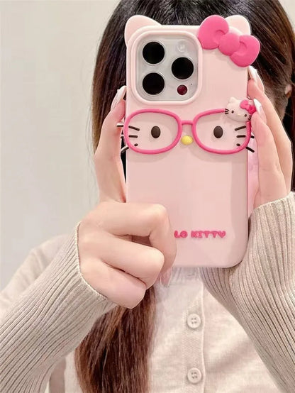 3D Glasses Cat Phone Case for iPhone 17, 16, 15 & 14 Pro Max | Cute Silicone Cartoon Shockproof Protective Cover