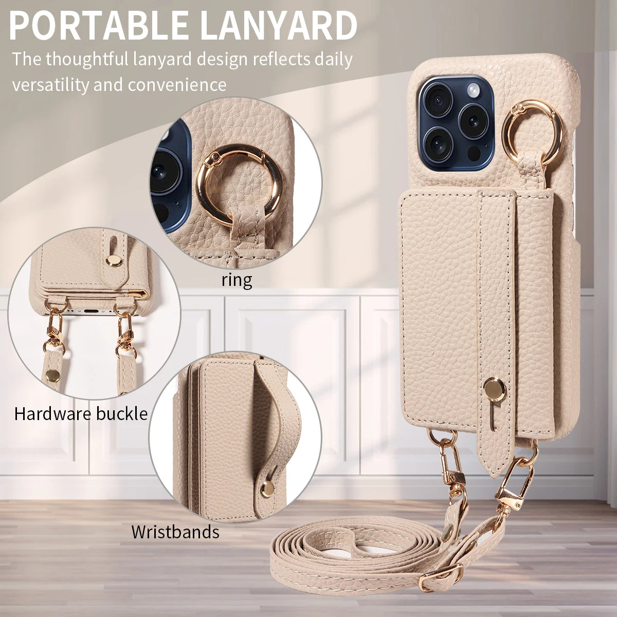 Crossbody Phone Case with Lanyard & Card Holder for iPhone 16 Pro Max, 15, 14 & 13 | Shockproof Leather-Style Cover