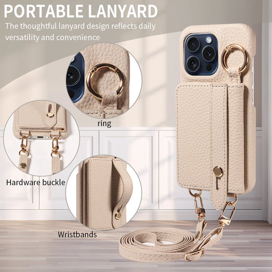 Crossbody Phone Case with Lanyard & Card Holder for iPhone 16 Pro Max, 15, 14 & 13 | Shockproof Leather-Style Cover