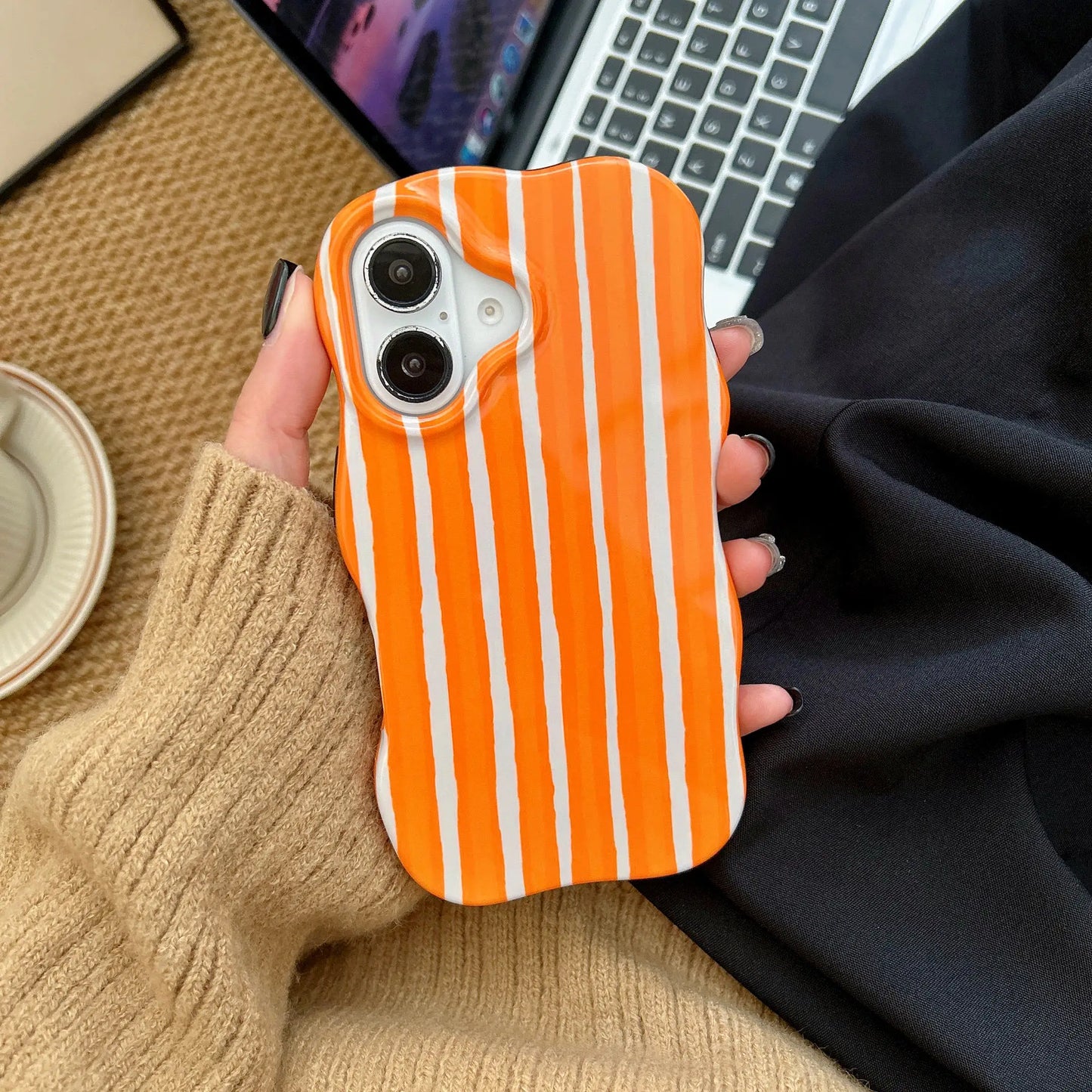 2-in-1 Glossy Striped Phone Case for iPhone 16, 15, 14 & 13 Pro Max | Slim Hard Protective Cover with Wavy Edges