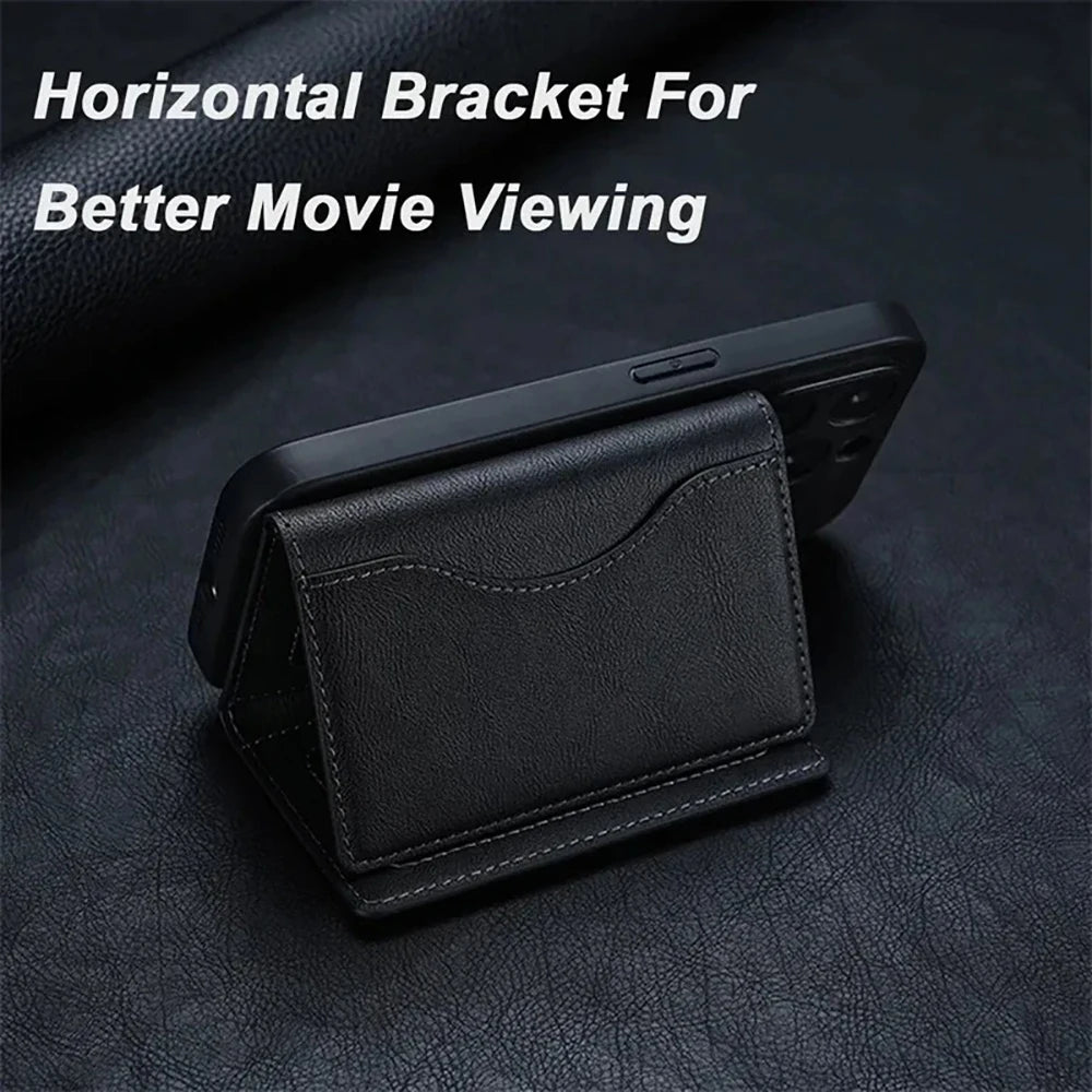 MagSafe leather wallet case with horizontal bracket for better movie viewing support.