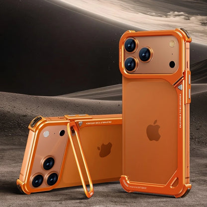 9-Shaped Metal Phone Case for iPhone 17 Pro & Pro Max | Minimalist Frameless MagSafe Bumper Case with Stand