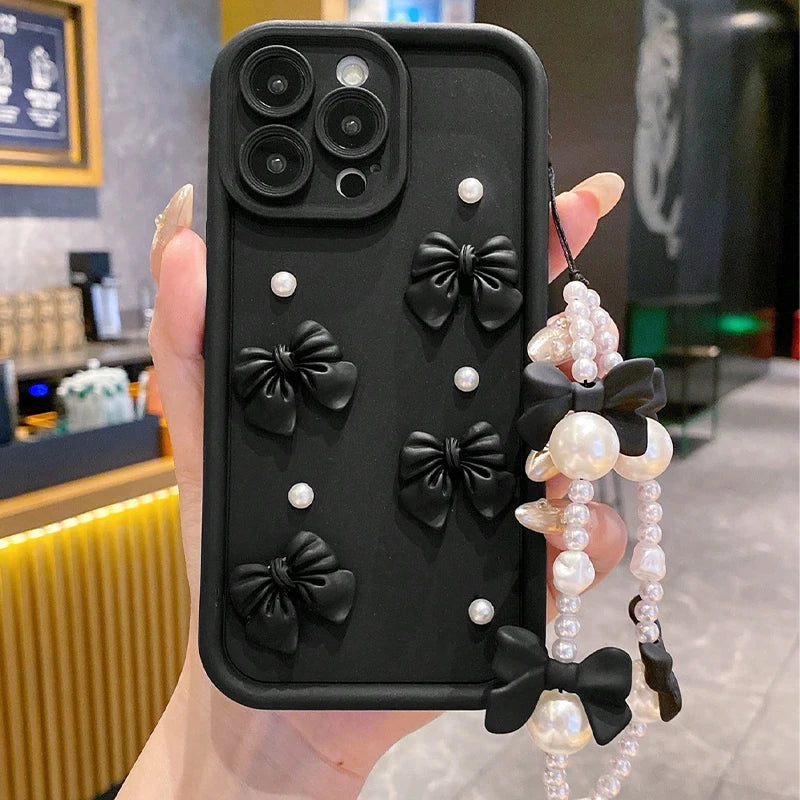 Korean 3D Bow Pearl Phone Case for iPhone 17, 16, 15, 14, 13 & 12 Pro Max | Cute Silicone Case with Lanyard