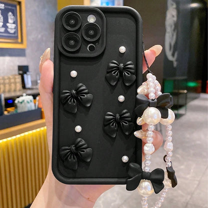 Korean 3D Bow Pearl Phone Case for iPhone 17, 16, 15, 14, 13 & 12 Pro Max | Cute Silicone Case with Lanyard