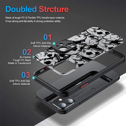 Matte Black Skull Phone Case for iPhone 17, 16, 15 & 14 | Faux Leather Gothic Anti-Scratch Cover