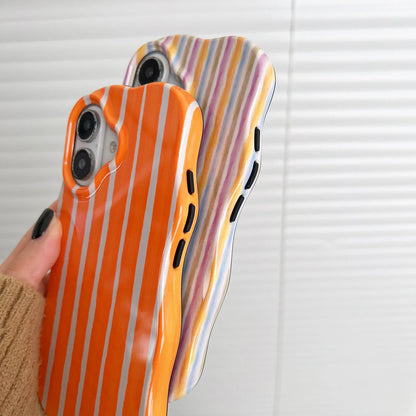 2-in-1 Glossy Striped Phone Case for iPhone 16, 15, 14 & 13 Pro Max | Slim Hard Protective Cover with Wavy Edges