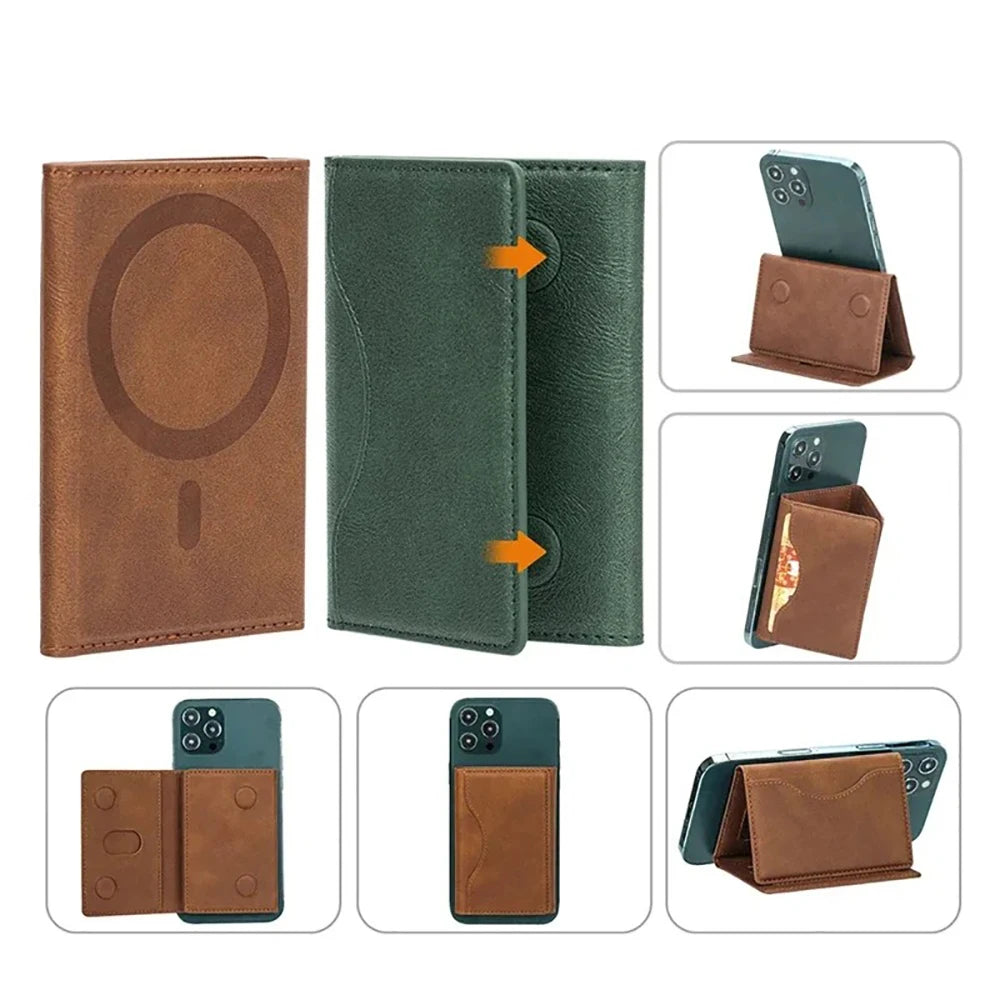 MagSafe leather wallet case for iPhone Pro Max shown in different angles and configurations with card storage and folding stand.