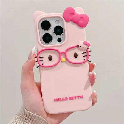 3D Glasses Cat Phone Case for iPhone 17, 16, 15 & 14 Pro Max | Cute Silicone Cartoon Shockproof Protective Cover