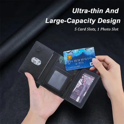 MagSafe leather wallet case open, showcasing ultra-thin design with 5 card slots and 1 photo slot.