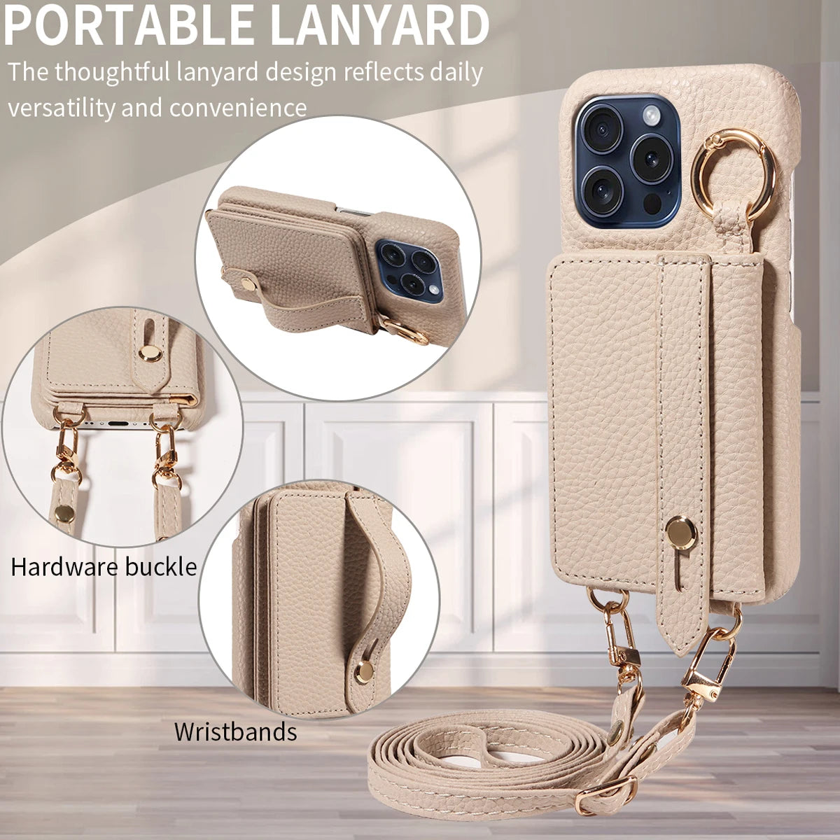 Crossbody Phone Case with Lanyard & Card Holder for iPhone 16 Pro Max, 15, 14 & 13 | Shockproof Leather-Style Cover