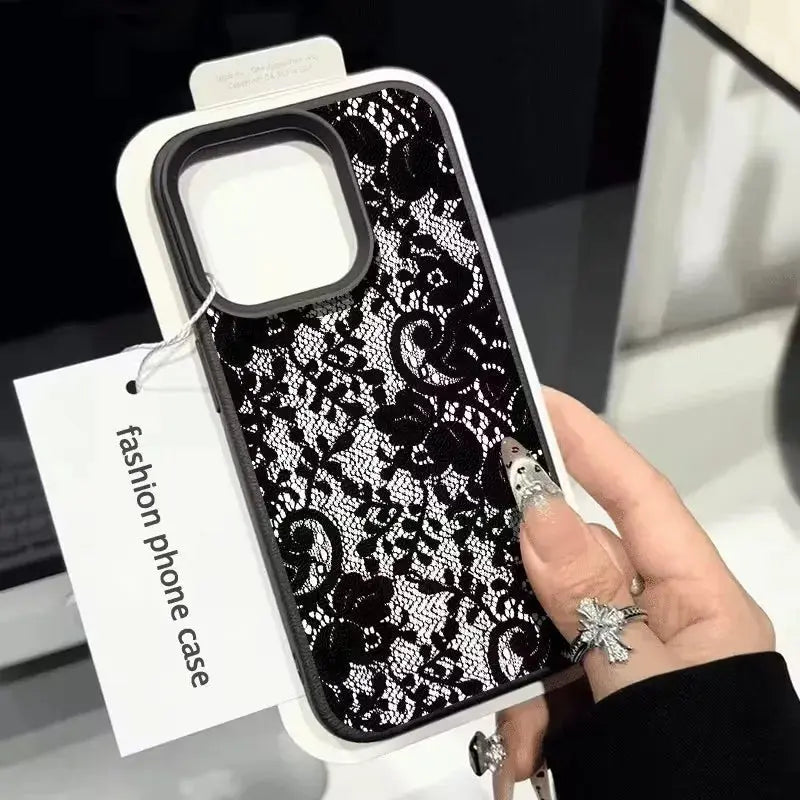 Elegant Black Lace Floral Phone Case for iPhone 17, 16, 15, 14, 13, 12 & 11 Pro Max | Shockproof Soft TPU Protective Cover