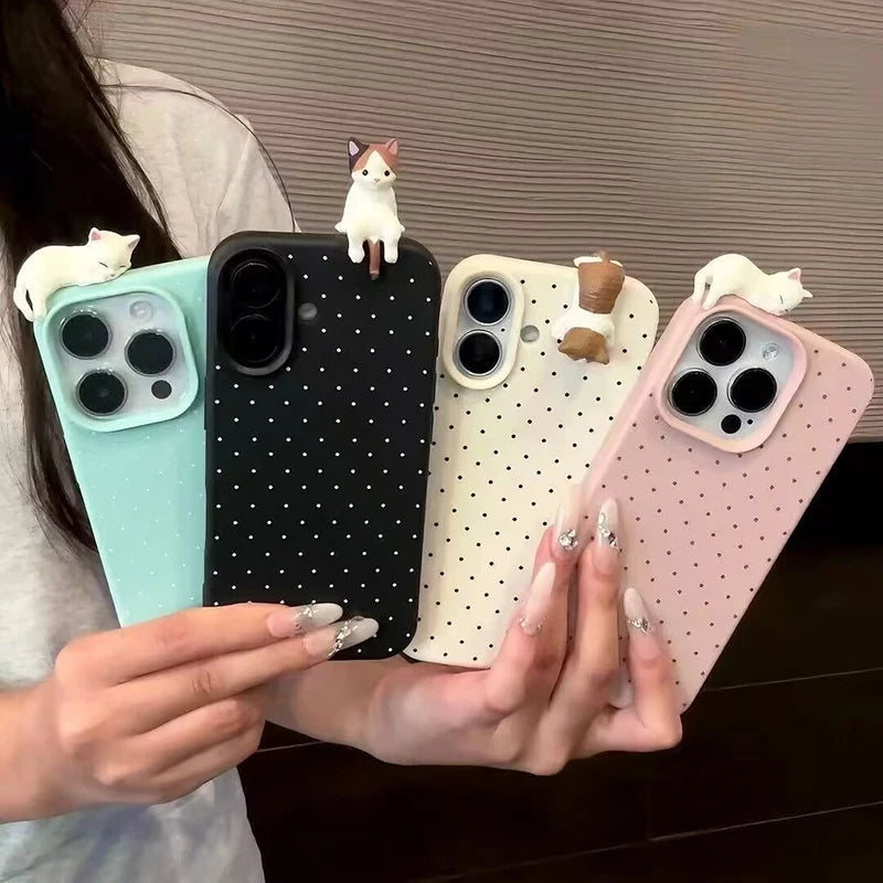 Cute Korean Polka Dot Cat Phone Case for iPhone 17, 16, 15, 14 & 13 Pro Max | 3D Cartoon Shockproof Protective Cover