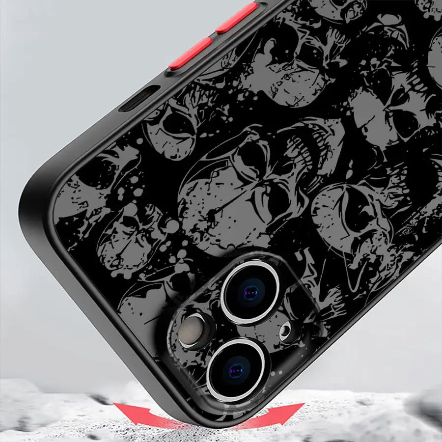 Matte Black Skull Phone Case for iPhone 17, 16, 15 & 14 | Faux Leather Gothic Anti-Scratch Cover