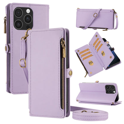 Crossbody wallet phone case for iPhone 17 Pro Max in lavender with card slots and zippered compartment.