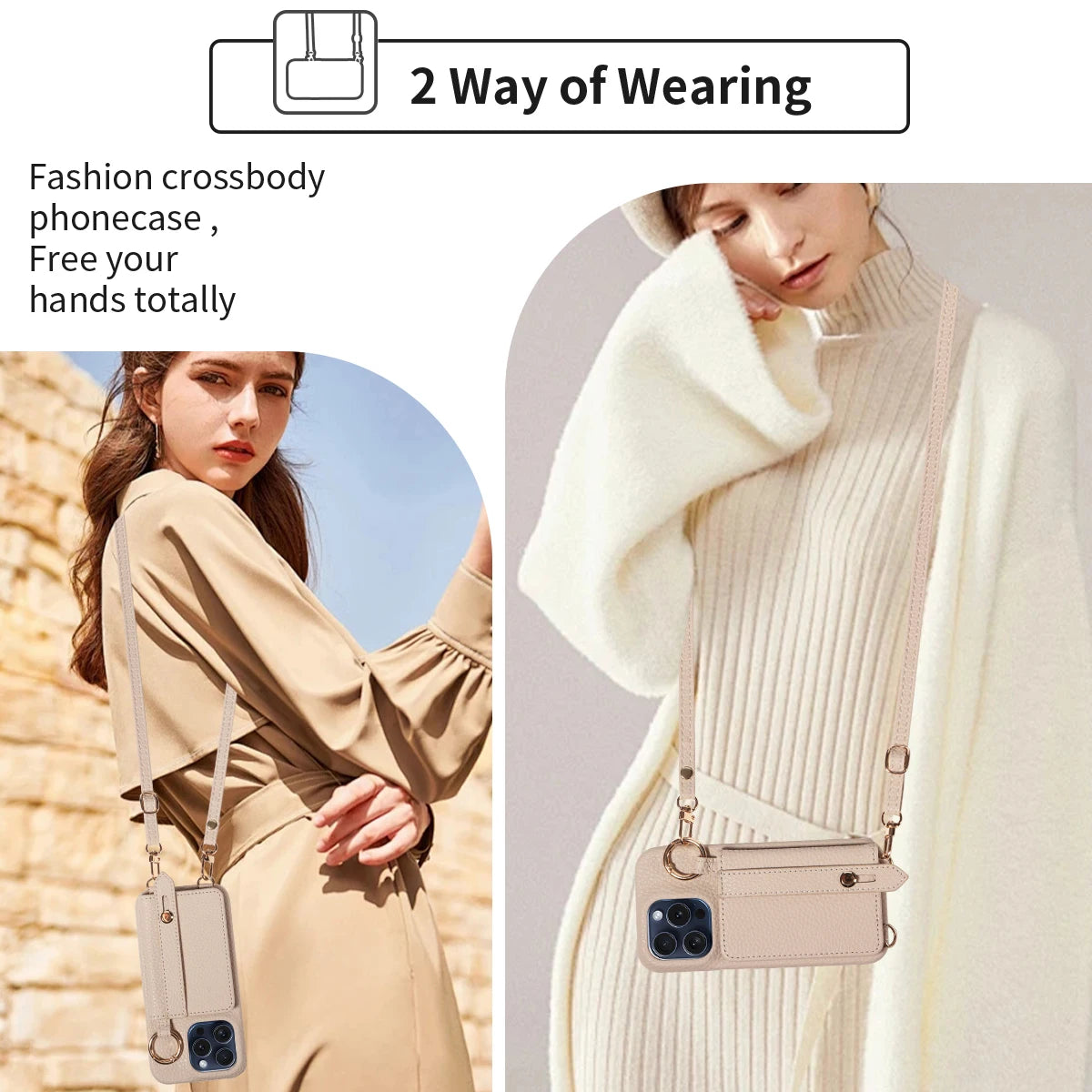 Crossbody Phone Case with Lanyard & Card Holder for iPhone 16 Pro Max, 15, 14 & 13 | Shockproof Leather-Style Cover