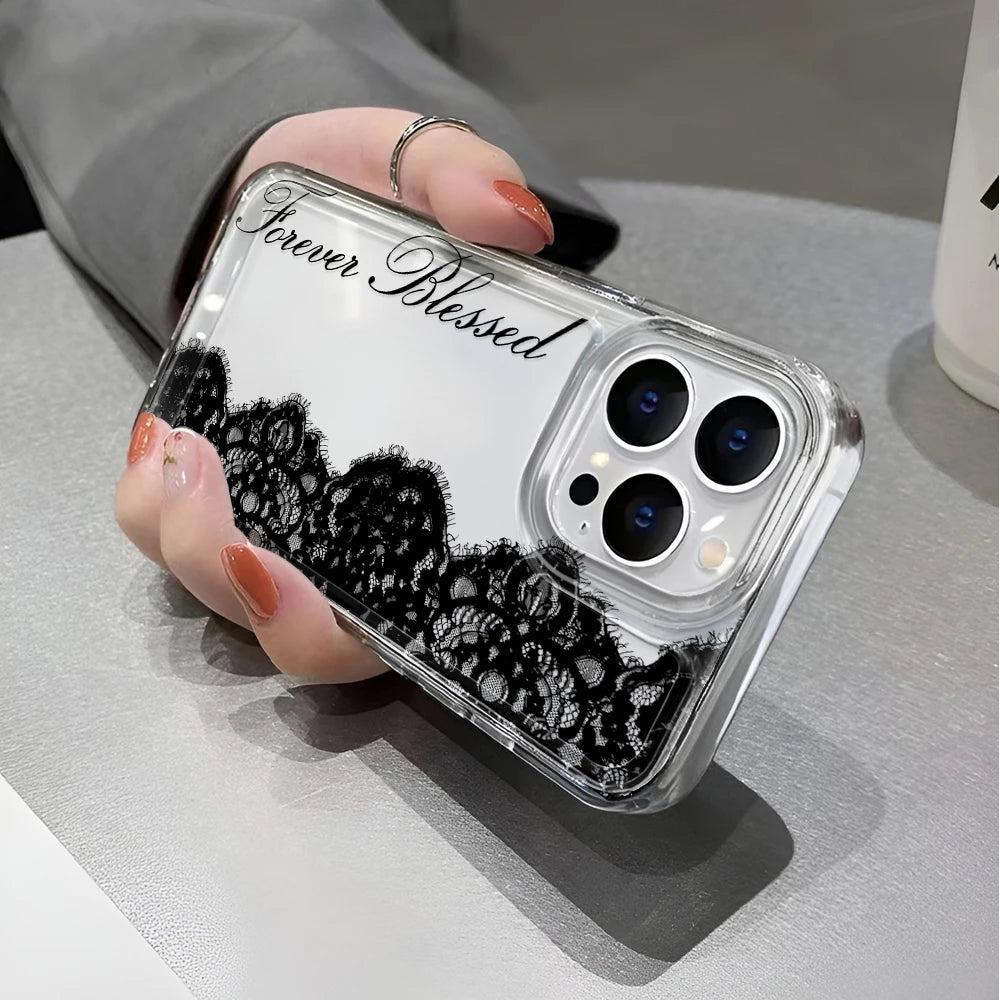 Black Lace Phone Case for iPhone 17, 16, 15 & 14 Pro Max | Shockproof Transparent Silicone Bumper Cover