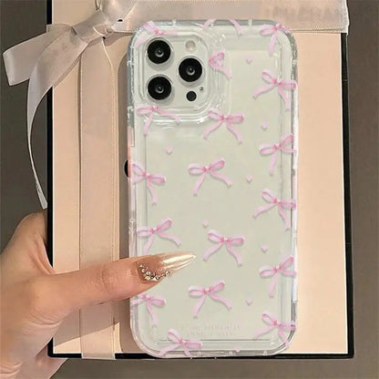 Cute Pink Heart Bow Phone Case for iPhone 17, 16, 15, 14, 13, 12 & 11 Pro Max | Clear Shockproof Soft Protective Cover