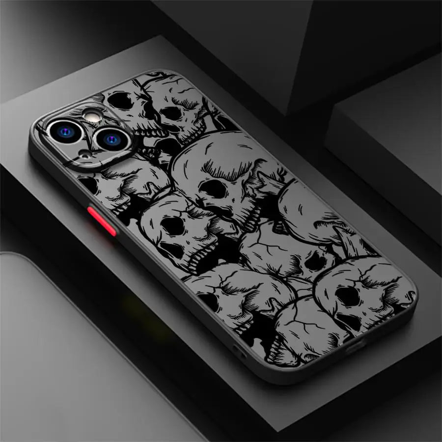 Matte Black Skull Phone Case for iPhone 17, 16, 15 & 14 | Faux Leather Gothic Anti-Scratch Cover