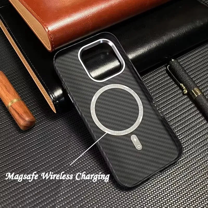 Phone Case Magsafe Luxury 3D Carbon Fiber Texture For iPhone 13 14 15 16 Pro Max Plus Wireless Charging Hard PC Shockproof Cover