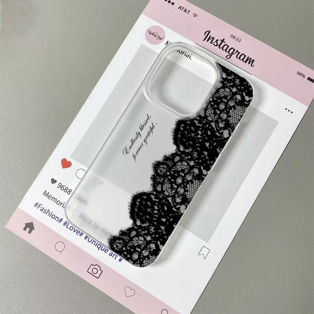 Black Lace Floral Phone Case for iPhone 17, 16, 15, 14 & 13 Pro Max | Soft Silicone Clear Protective Cover
