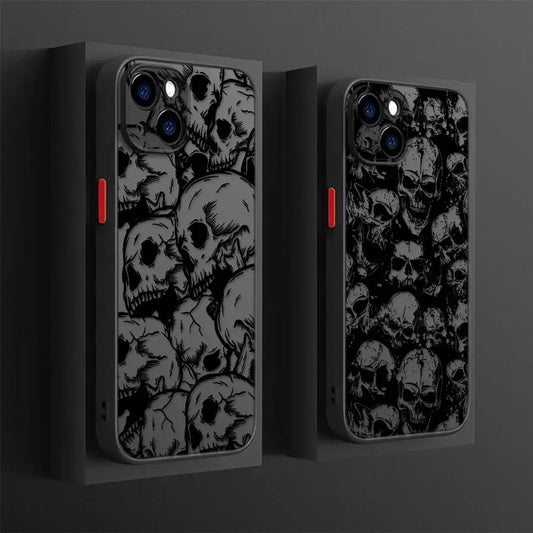 Matte Black Skull Phone Case for iPhone 17, 16, 15 & 14 | Faux Leather Gothic Anti-Scratch Cover
