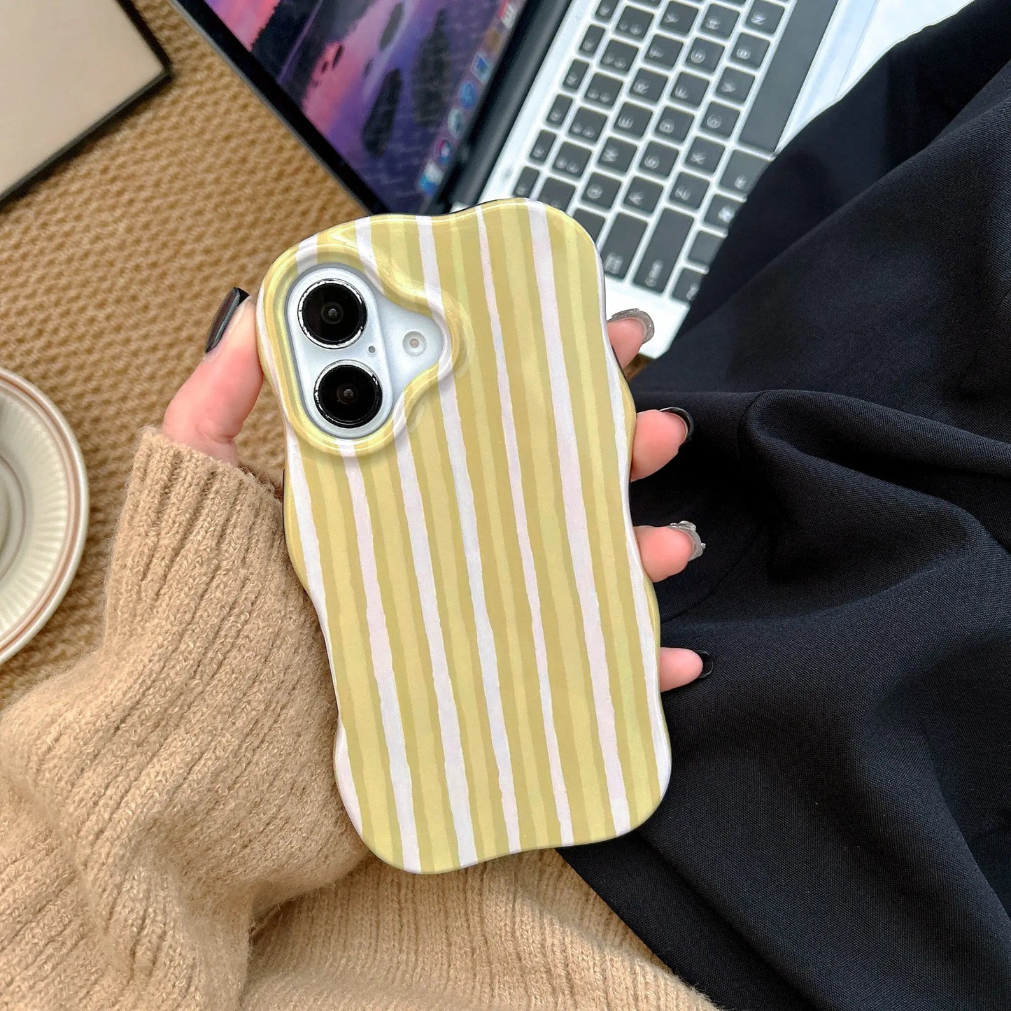 2-in-1 Glossy Striped Phone Case for iPhone 16, 15, 14 & 13 Pro Max | Slim Hard Protective Cover with Wavy Edges
