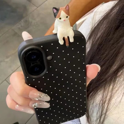 Cute Korean Polka Dot Cat Phone Case for iPhone 17, 16, 15, 14 & 13 Pro Max | 3D Cartoon Shockproof Protective Cover