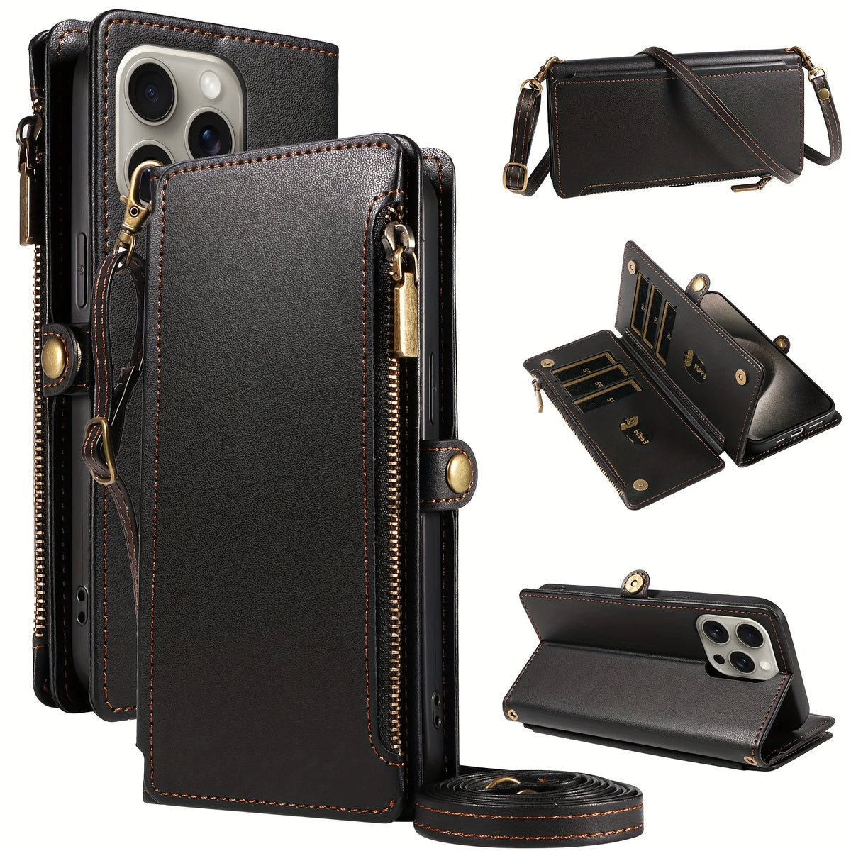 Crossbody wallet phone case for iPhone 17 Pro Max featuring card slots and zippered compartment.