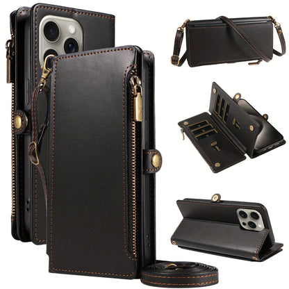 Crossbody wallet phone case for iPhone 17 Pro Max featuring card slots and zippered compartment.