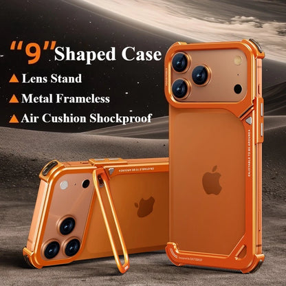 9-Shaped Metal Phone Case for iPhone 17 Pro & Pro Max | Minimalist Frameless MagSafe Bumper Case with Stand