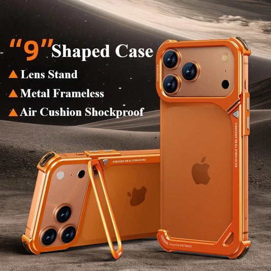 9-Shaped Metal Phone Case for iPhone 17 Pro & Pro Max | Minimalist Frameless MagSafe Bumper Case with Stand
