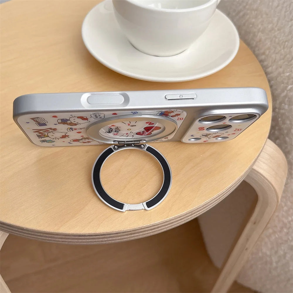 Korean Cartoon Cat Phone Case with Rotating Stand for iPhone 17, 16, 15, 14 & 13 Pro Max | Cute Kawaii Protective Cover