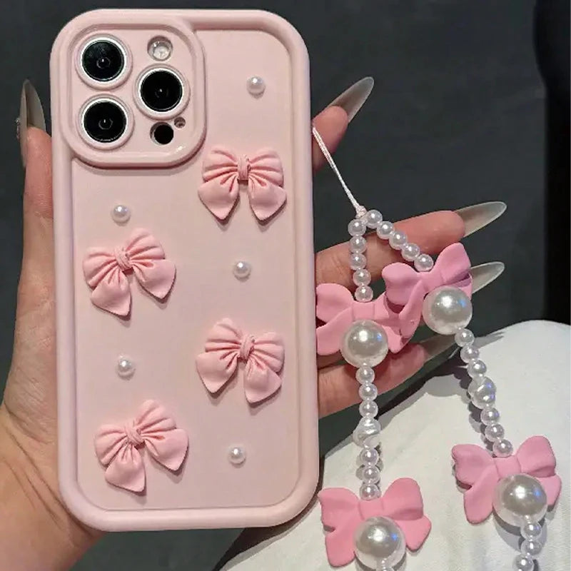 Korean 3D Bow Pearl Phone Case for iPhone 17, 16, 15, 14, 13 & 12 Pro Max | Cute Silicone Case with Lanyard
