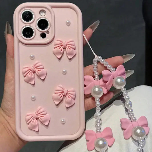 Korean 3D Bow Pearl Phone Case for iPhone 17, 16, 15, 14, 13 & 12 Pro Max | Cute Silicone Case with Lanyard