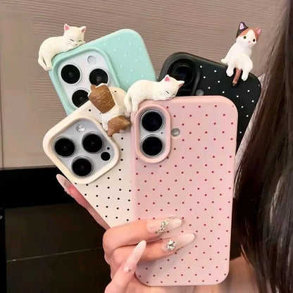 Cute Korean Polka Dot Cat Phone Case for iPhone 17, 16, 15, 14 & 13 Pro Max | 3D Cartoon Shockproof Protective Cover