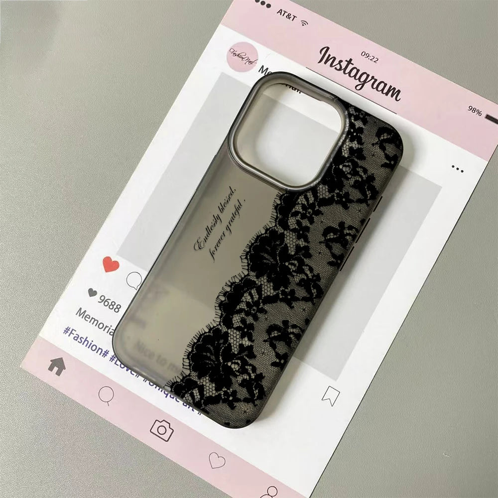 Black Lace Floral Phone Case for iPhone 17, 16, 15, 14 & 13 Pro Max | Soft Silicone Clear Protective Cover