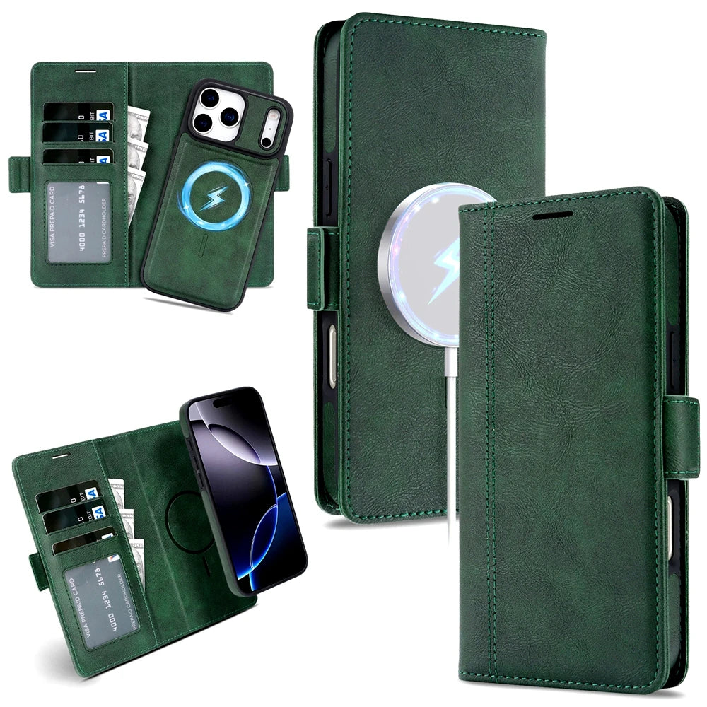 2-in-1 MagSafe Wallet Case for iPhone 17, 16, 15, 14, 13 & 12 Pro Max | Detachable Leather Card Holder Flip Cover
