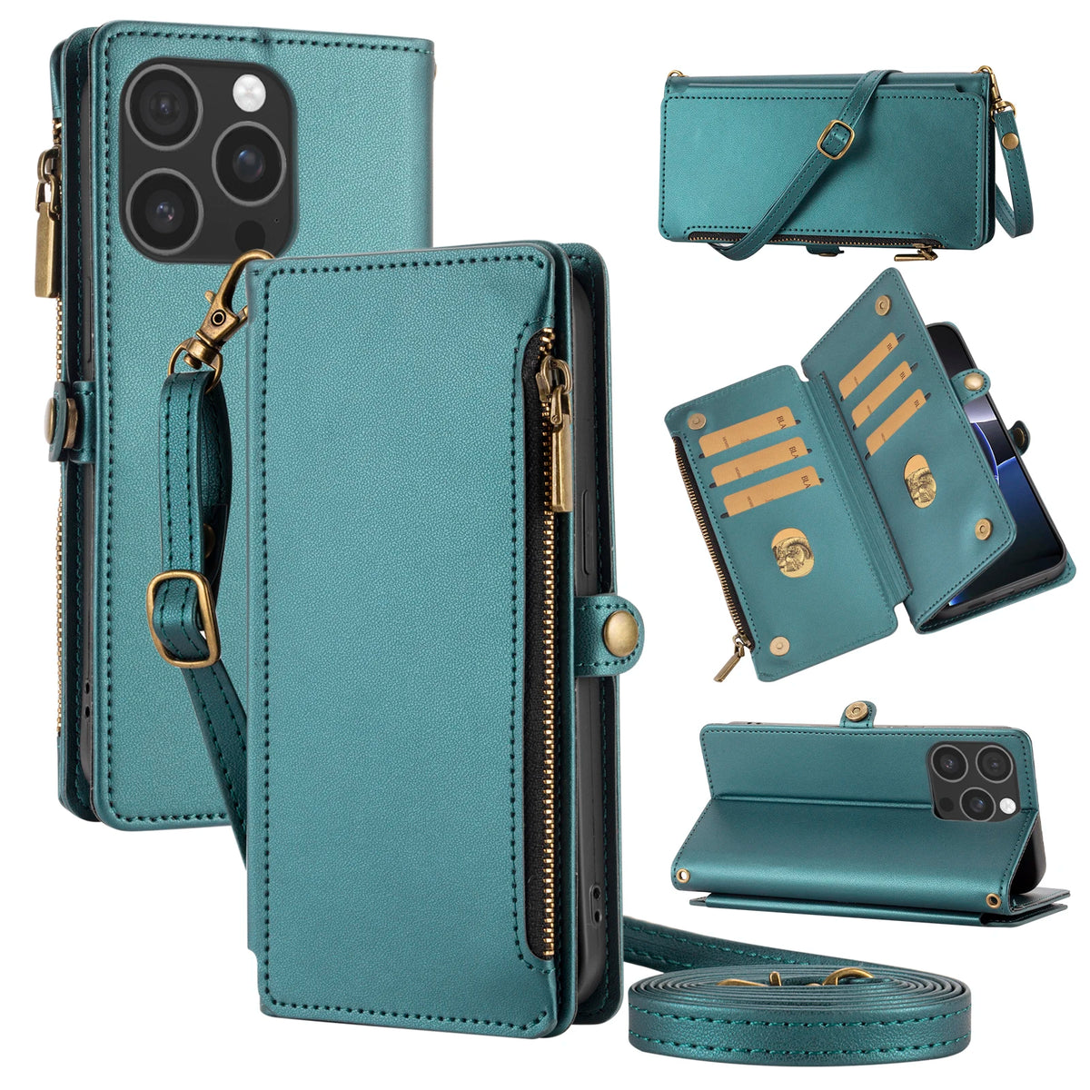 Crossbody wallet phone case for iPhone 17 Pro Max with card slots and zippered compartment in teal color.