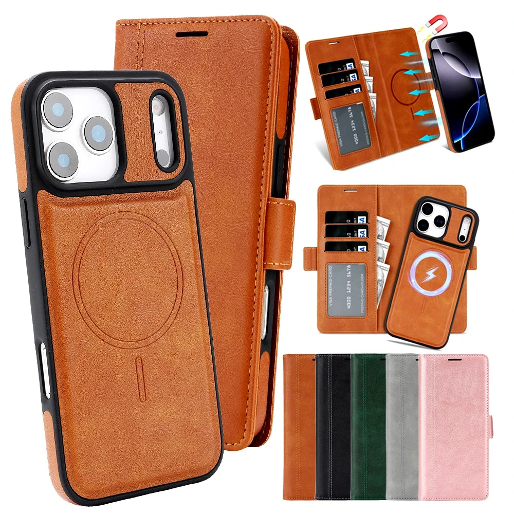 2-in-1 MagSafe Wallet Case for iPhone 17, 16, 15, 14, 13 & 12 Pro Max | Detachable Leather Card Holder Flip Cover