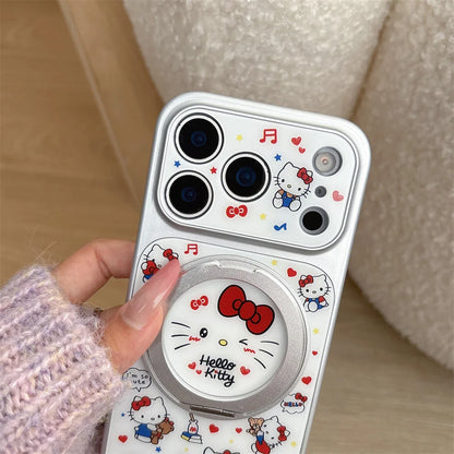 Korean Cartoon Cat Phone Case with Rotating Stand for iPhone 17, 16, 15, 14 & 13 Pro Max | Cute Kawaii Protective Cover