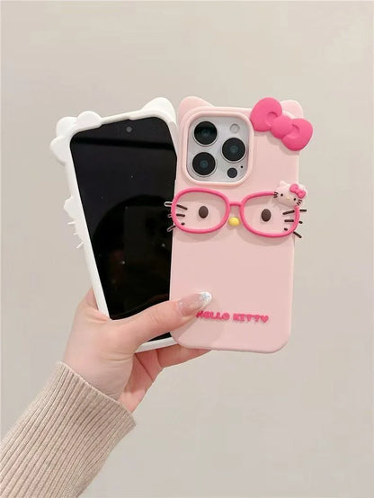 3D Glasses Cat Phone Case for iPhone 17, 16, 15 & 14 Pro Max | Cute Silicone Cartoon Shockproof Protective Cover