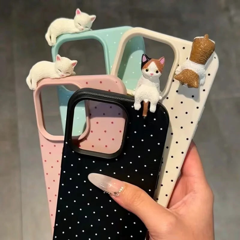 Cute Korean Polka Dot Cat Phone Case for iPhone 17, 16, 15, 14 & 13 Pro Max | 3D Cartoon Shockproof Protective Cover